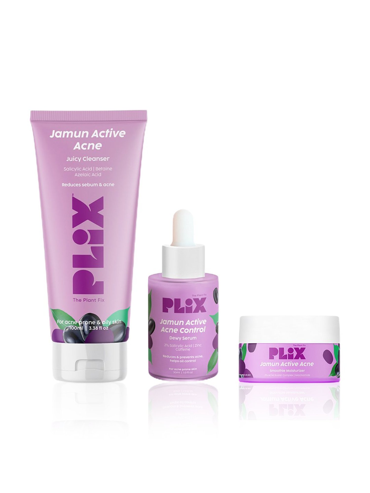 PLIX THE PLANT FIX Jamun Active Acne Juicy Cleanser, Dewy Serum & Smoothie Moisturizer Combo