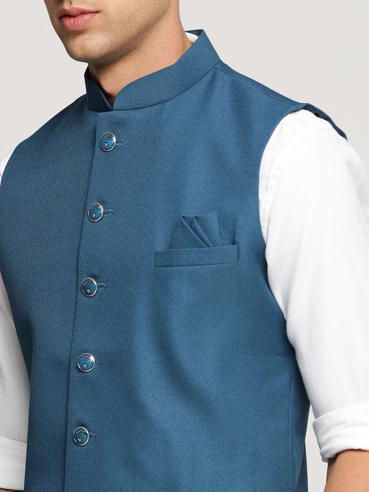 VASTRAMAY Teal Green Regular Fit Printed Nehru Jacket