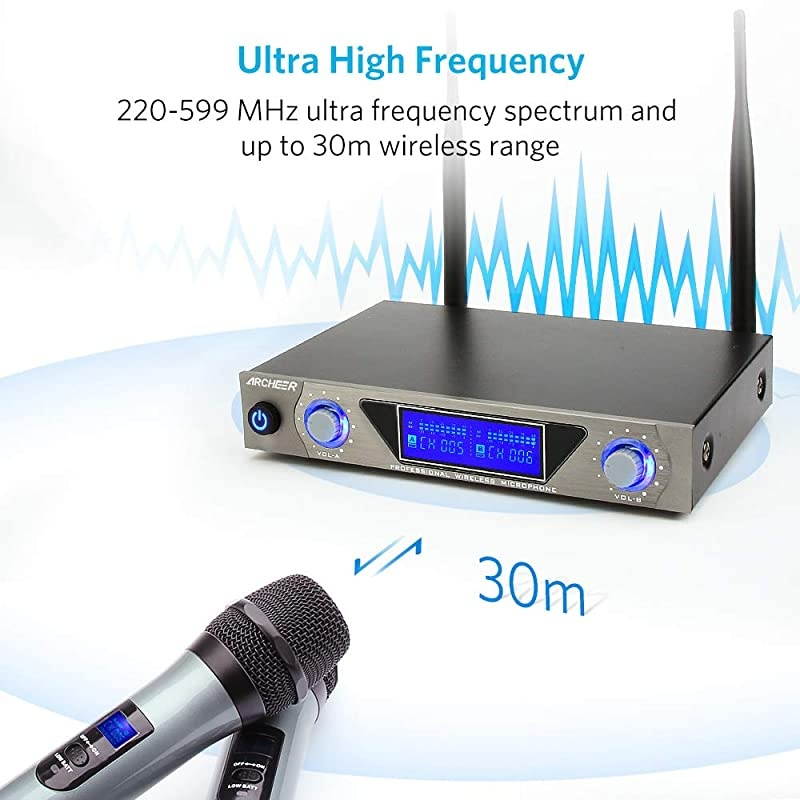 UHF Wireless Microphone System with LCD Display Dual Channel Handheld Karaoke Microphones Set for Outdoor Wedding Conference Karaoke Evening Party Singing