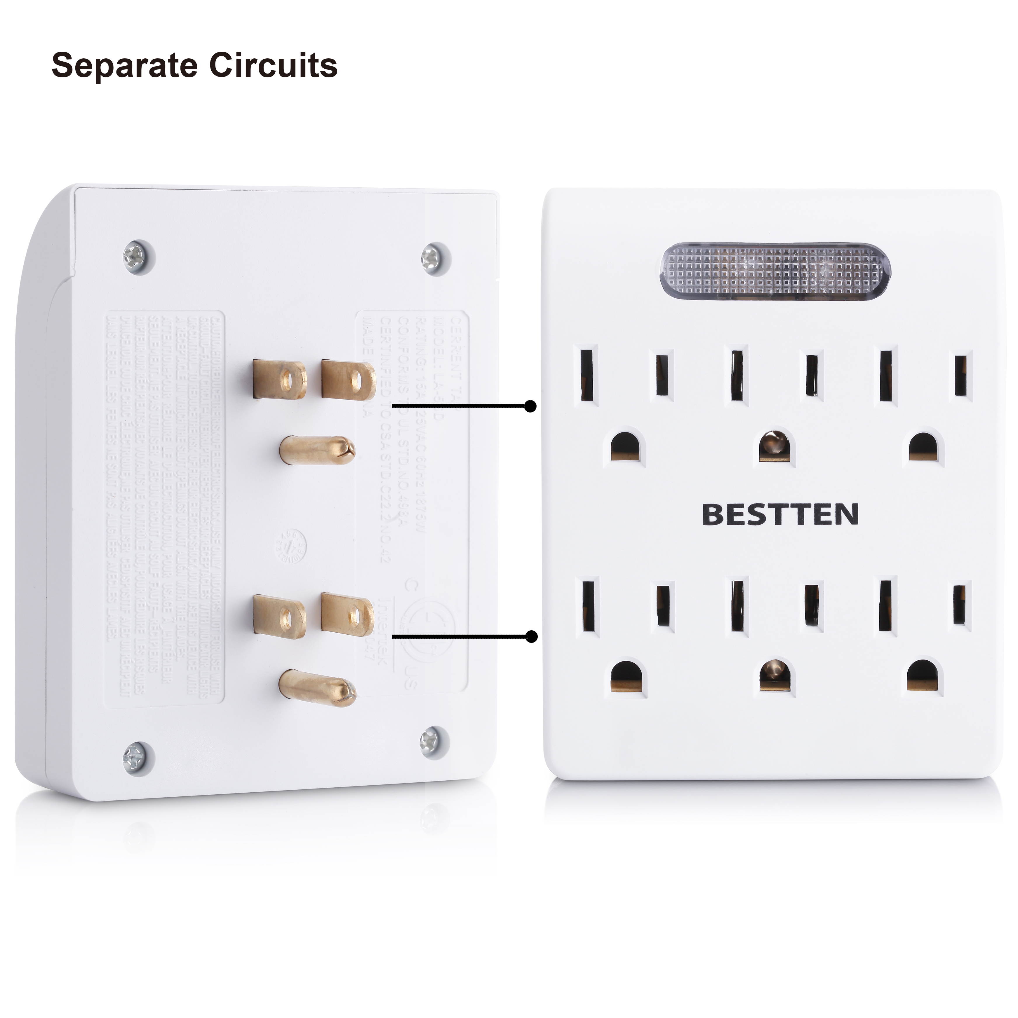 [4 Pack] BESTTEN 6 Way Outlet Extender with Auto LED Sensor Indicator, Perfect Electrical Wall Tap Adapter for Home and Office Use, ETL Certified, White