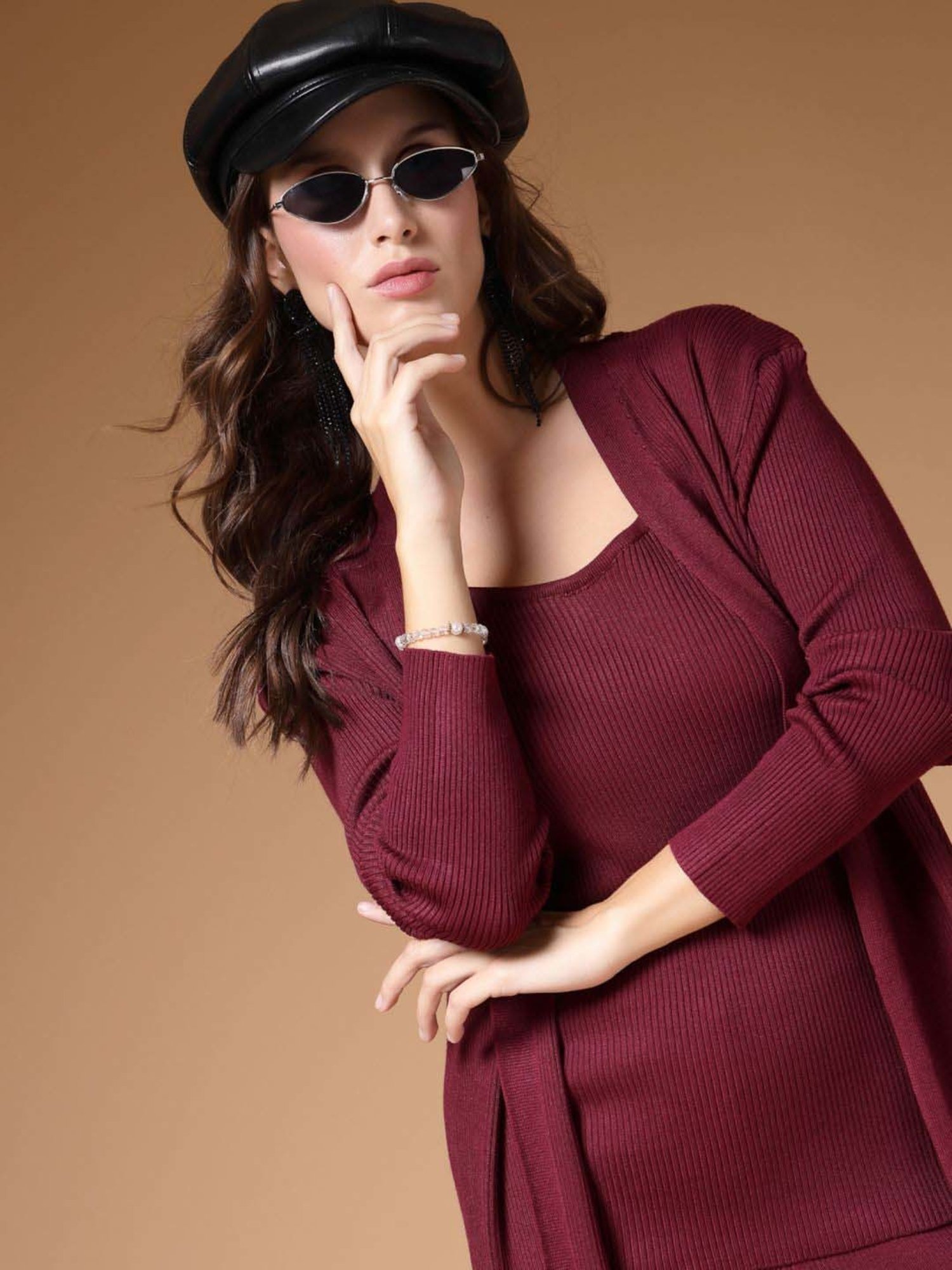 Mafadeny Maroon Plain Top Pants Set With Shrug