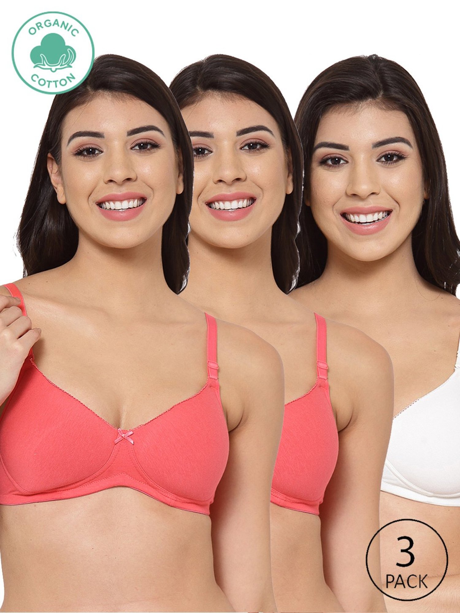 Inner Sense White & Pink Full Coverage T-Shirt Bra - Pack of 3