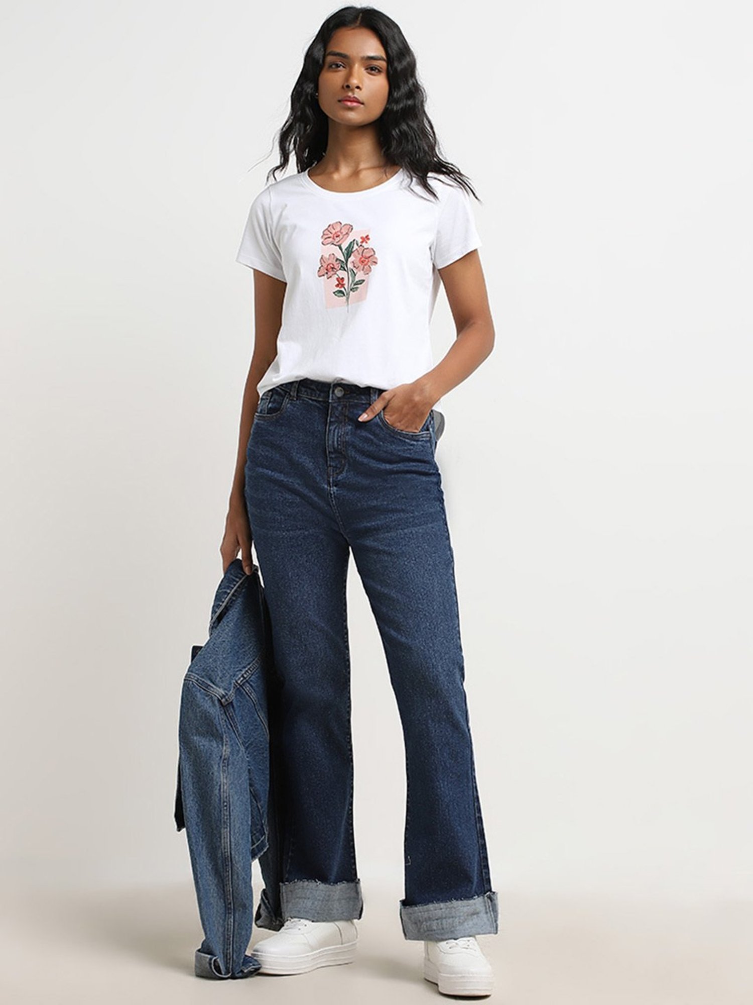 LOV by Westside White Floral Printed Cotton T-Shirt