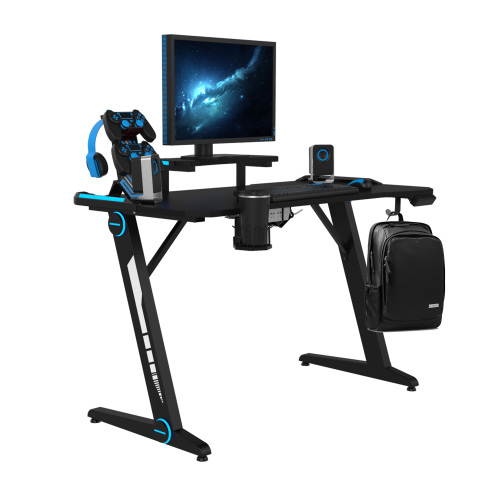 43.3'' Gaming Desk Z-Shaped Professional E-Sport Gamer Workstation Ergonomic PC Gaming Table Home Office Desk with LED Lights & Large Carbon Fiber Surface