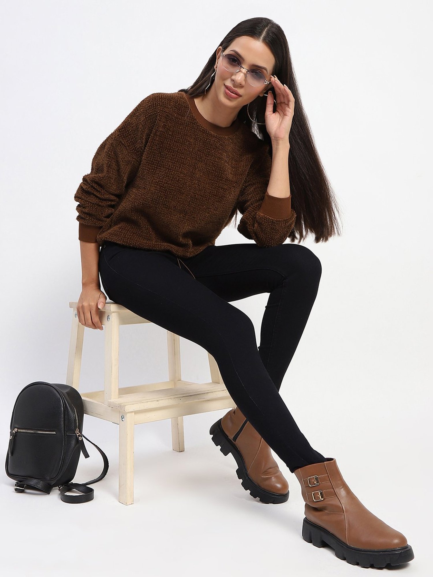 MADAME Brown Cotton Textured Top