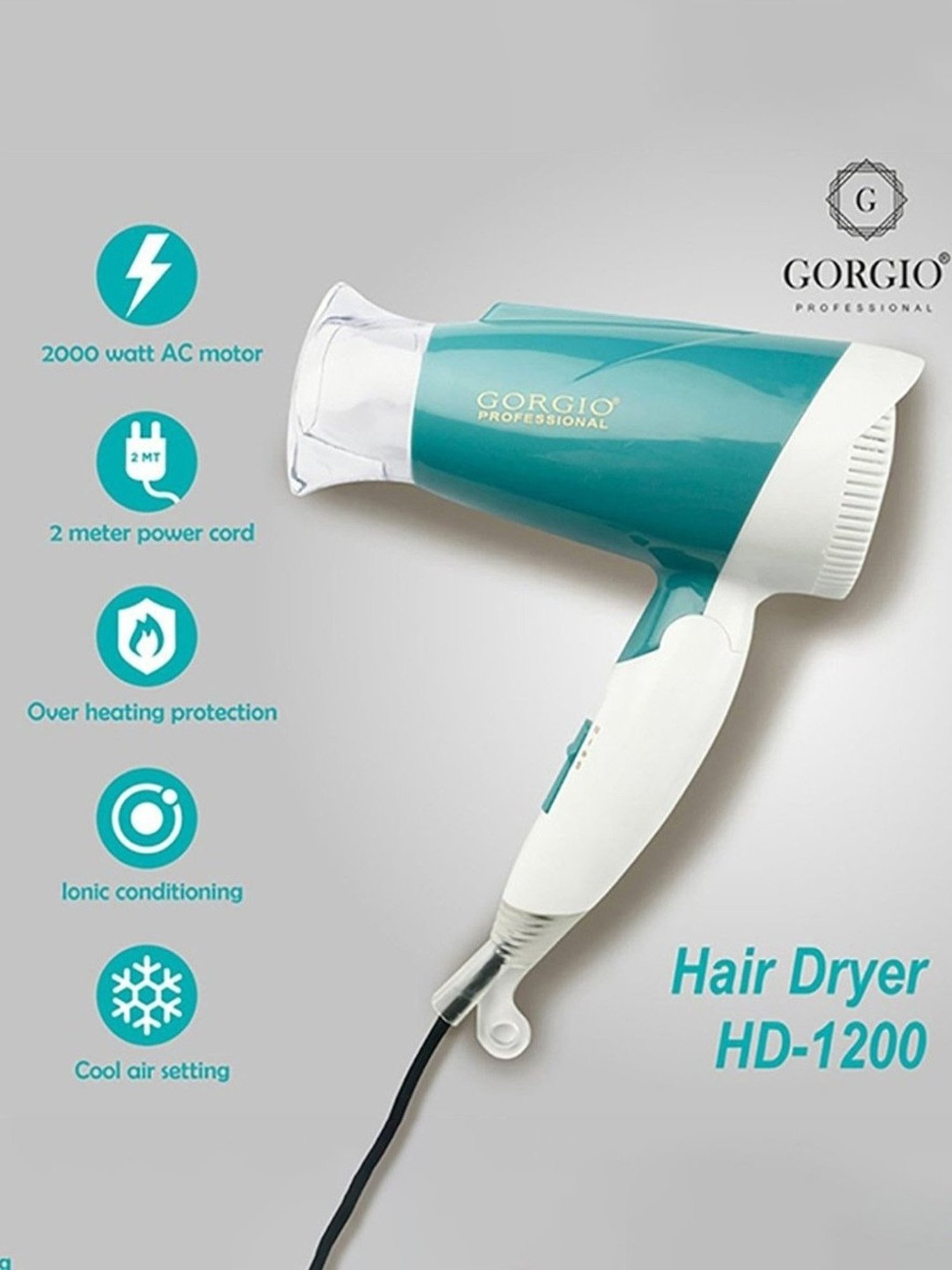 Gorgio Professional HD1200 1800W Hair Dryer (White and Blue)