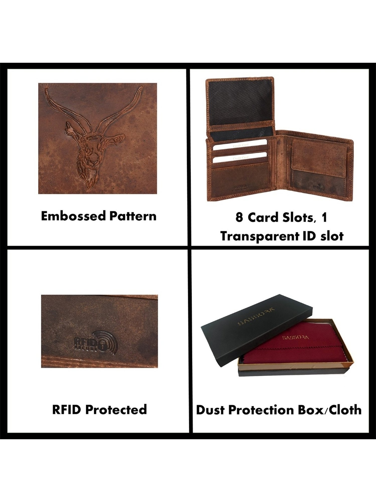 SASSORA HAN Brown Leather Textured RFID Bi-Fold Wallet