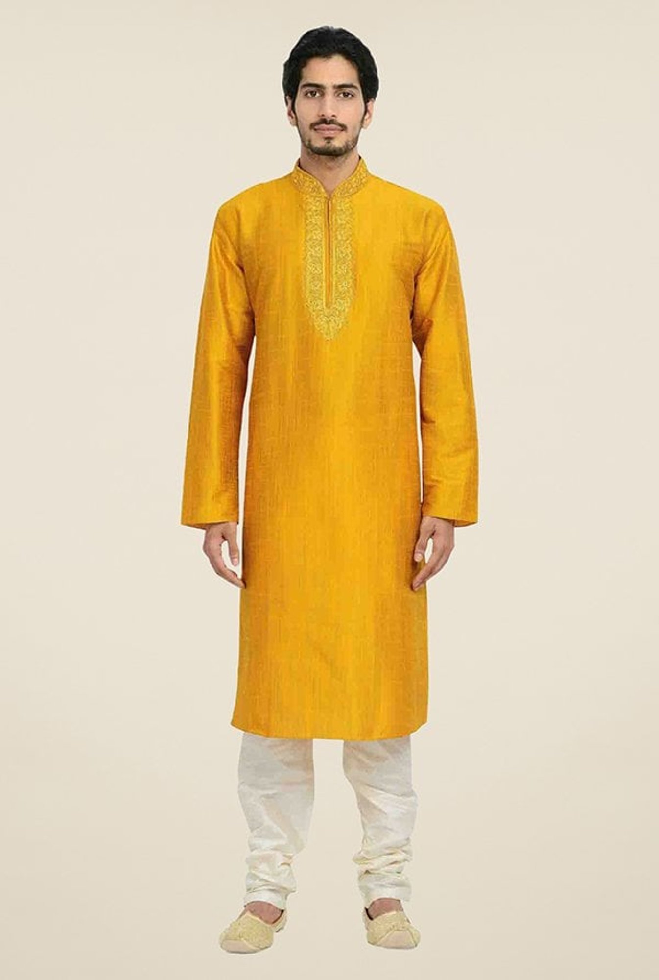 Manyavar Simple Gold & White Self Design Kurta & Churidar Set