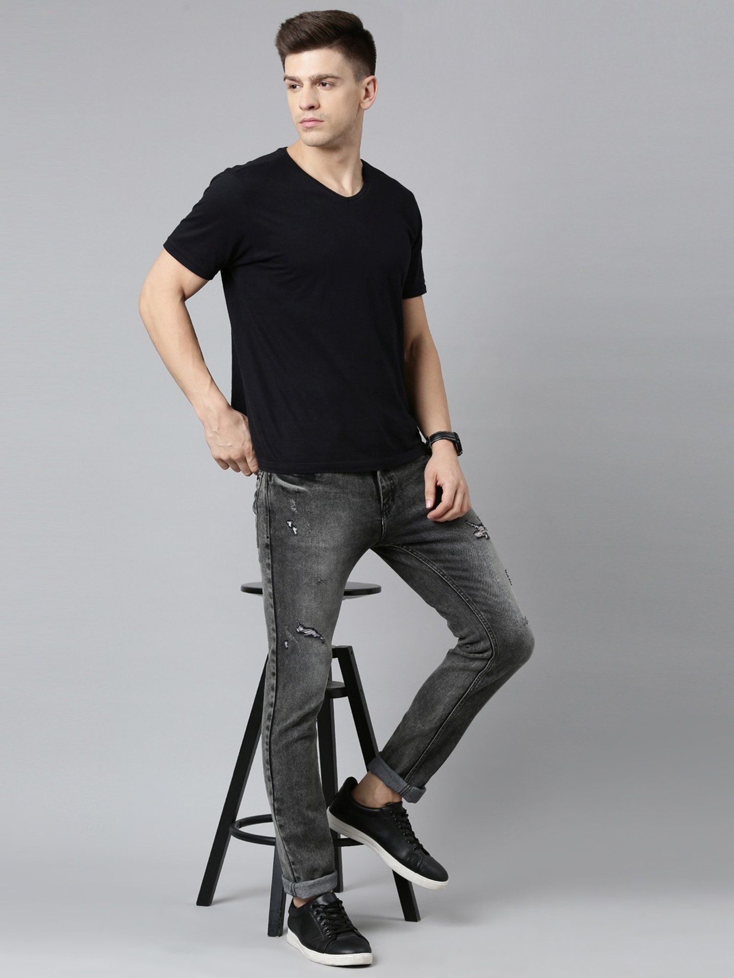 CINOCCI Mid Black Cotton Slim Fit Distressed Jeans