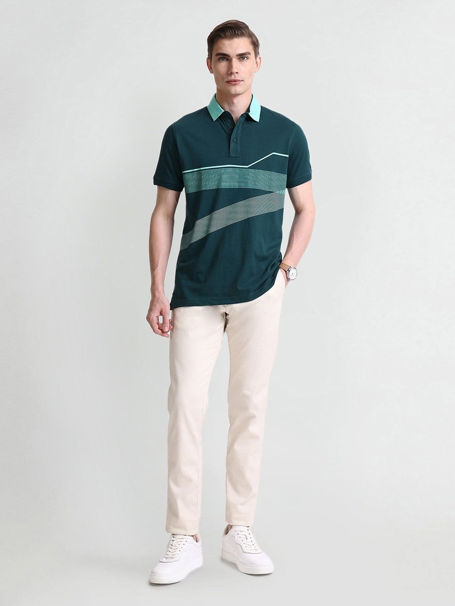 Arrow Green Cotton Regular fit Stripes Polo T-Shirt