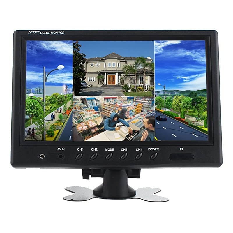 9 TFT LCD Split Screen Quad Monitor CCTV Security Surveillance Car Headrest Video Display 4 RCA Connectors 6 Mode Display Remote Control