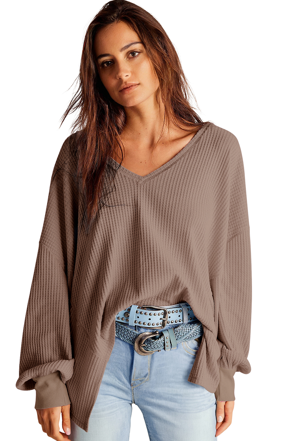 Coffee Waffle V Neck Drop Shoulder Loose Top