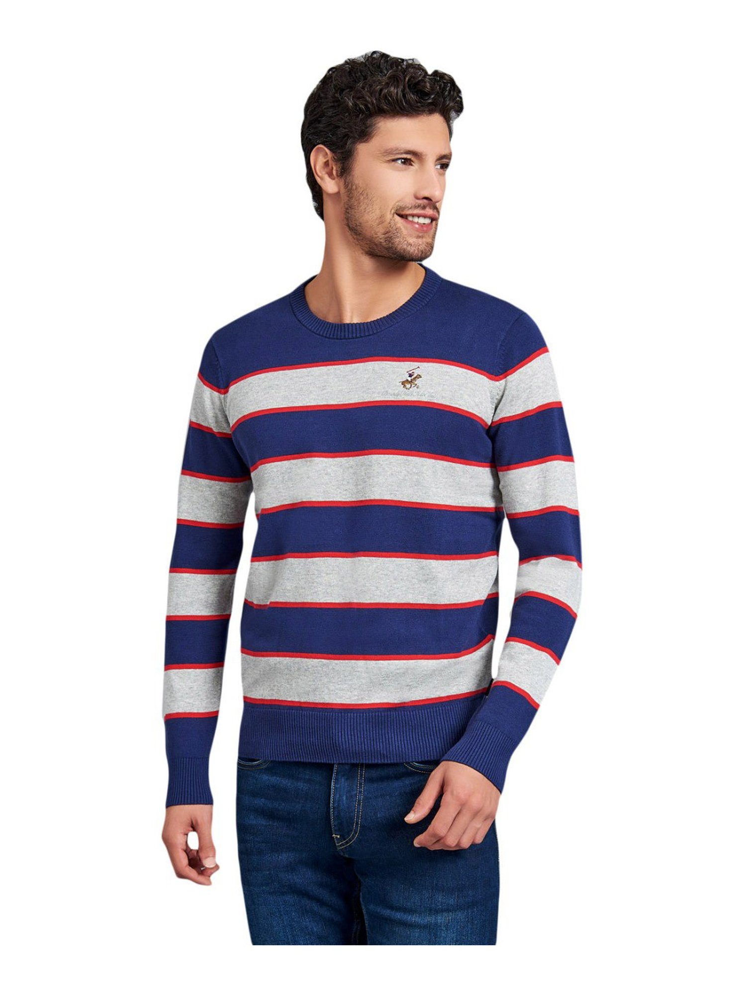 Beverly Hills Polo Club Navy & Grey Cotton Regular Fit Striped Sweater