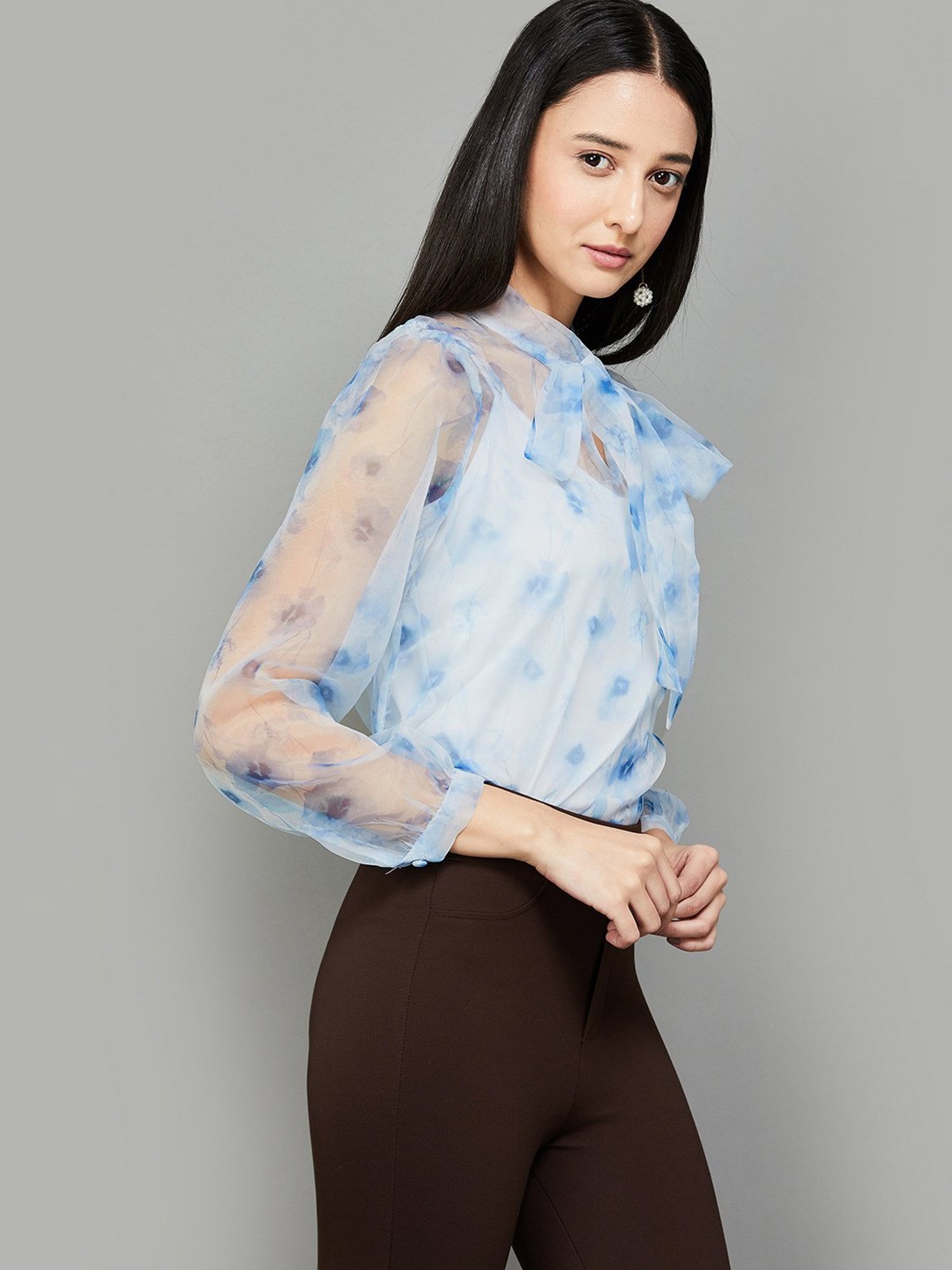 Code by Lifestyle Transparent & Blue Cotton Printed Top