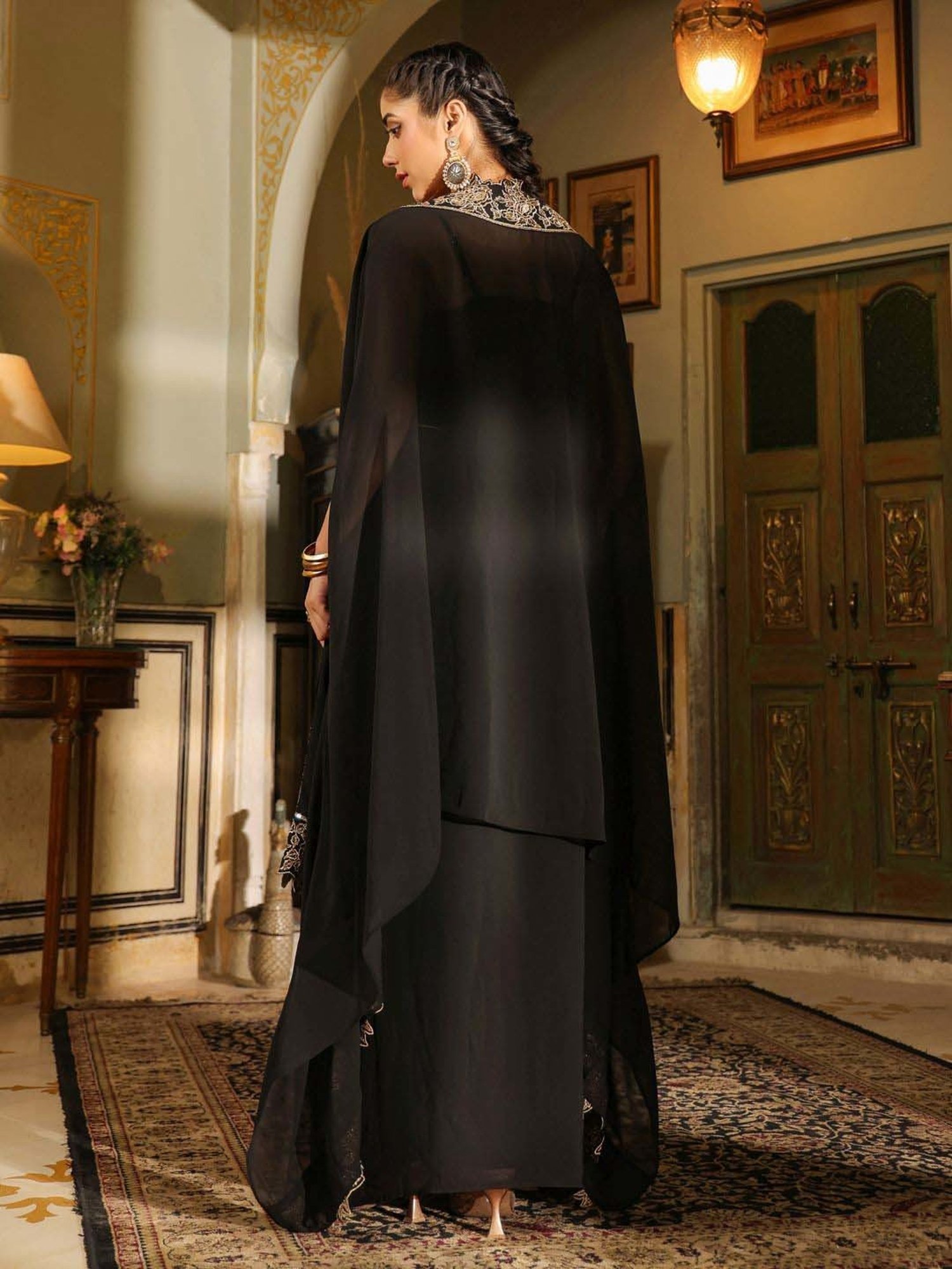 Janasya Black Embroidered Crop Top Skirt Set With Cape