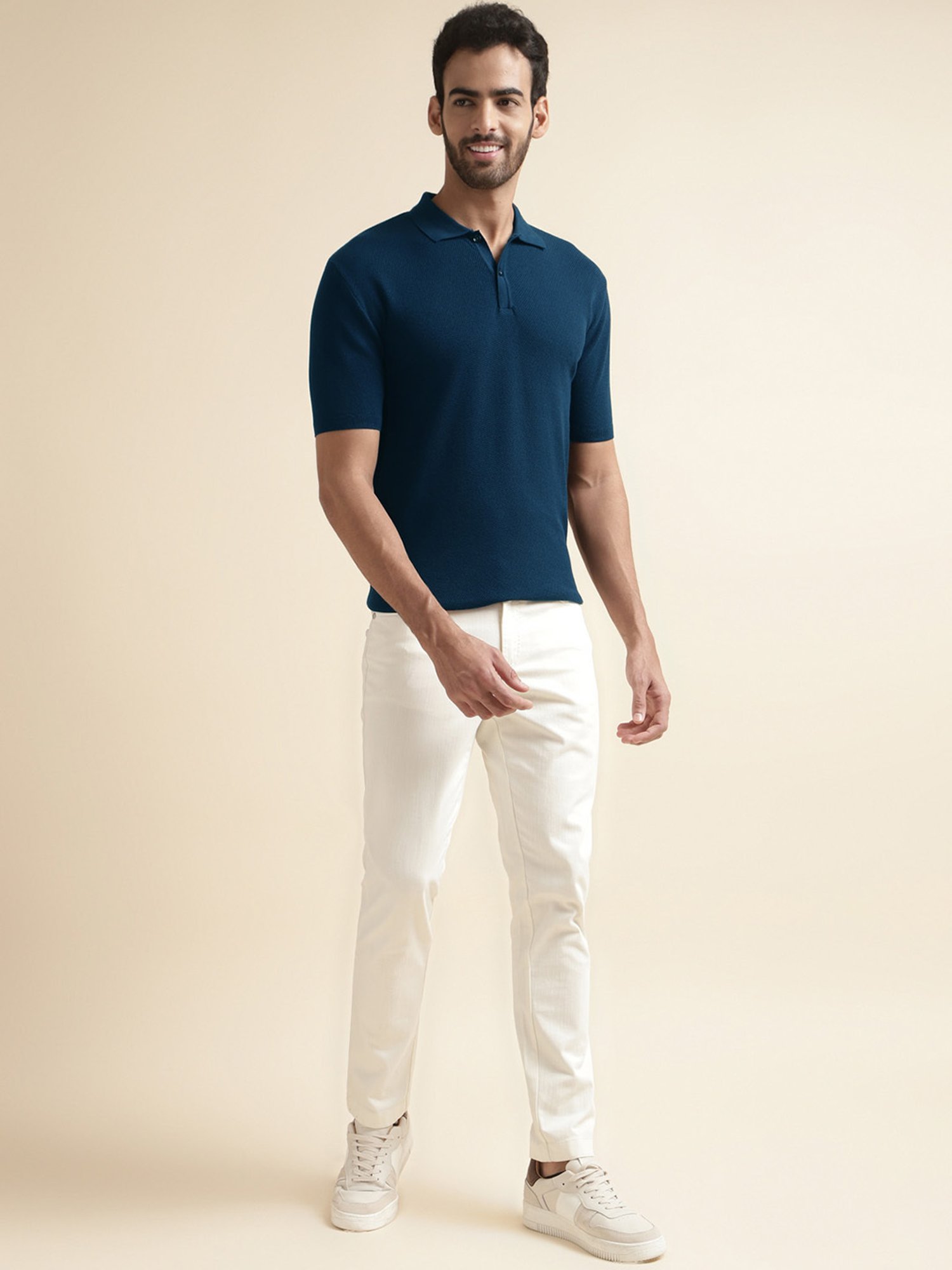 ANDAMEN Navy Regular Fit Textured Polo T-Shirt