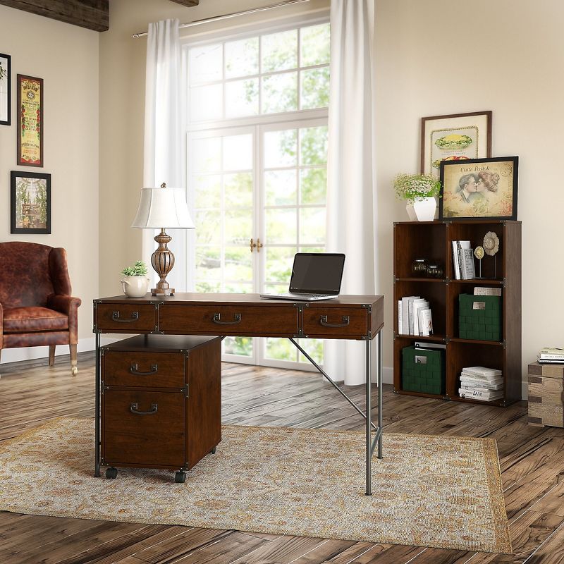 kathy ireland Home by Bush Furniture 48W Writing Desk Mobile File and 6 Cube Bookcase Coastal Cherry