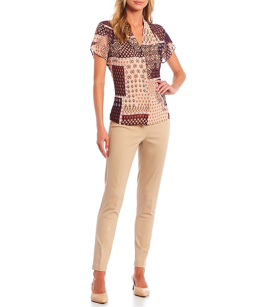 Calvin Klein Petite Size Patchwork Print V-Neck Pleat Shoulder Detail Tulip Sleeve Blouse