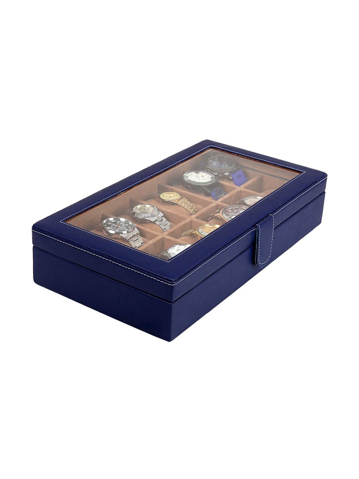 Leather World Blue Watch Box Holder Organizer Case in 12 Slots
