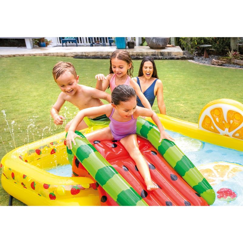 Intex 57158EP Fun'N Fruity 8ft x 6.25ft x 4in Outdoor Inflatable Kiddie Pool Water Play Center w/ Water Slide, Sprinklers and 6 Play Balls for Ages 2+