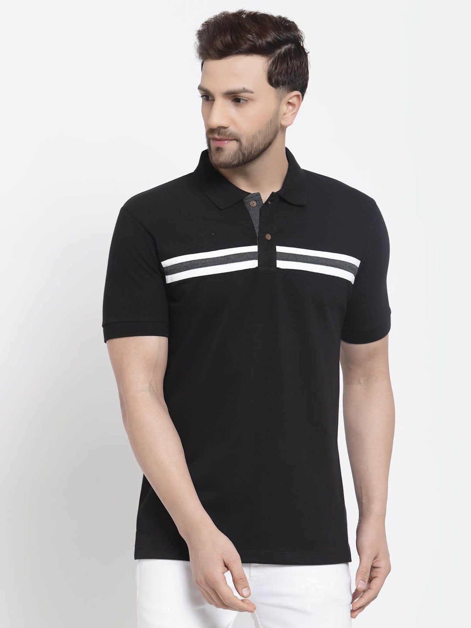 Kalt Black Regular Fit Striped Polo T-Shirt