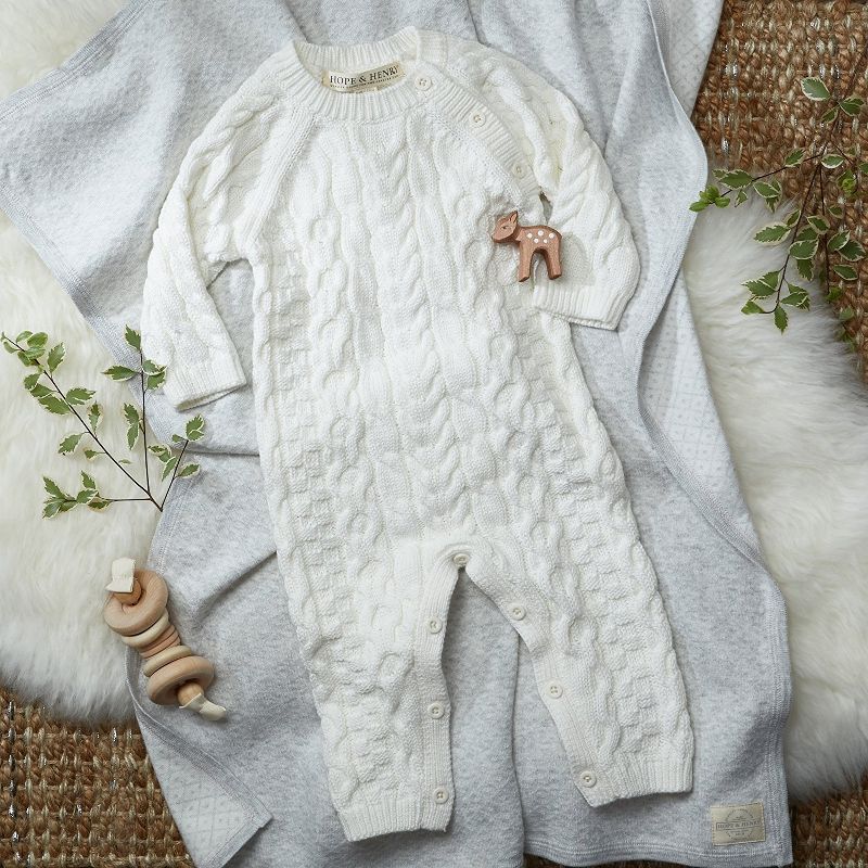 Hope & Henry Baby Layette Ivory Cable Knit Sweater Romper Size 0-3 Months, Soft White, 0-3 Months