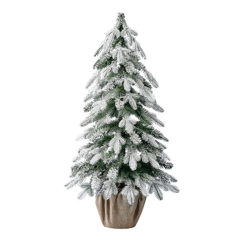 Home Heritage 3 Foot Entryway Flocked Fir Prelit Decorative Artificial Christmas Tree with Burlap Bag Potted Stand and Warm Fairy Lights Lights