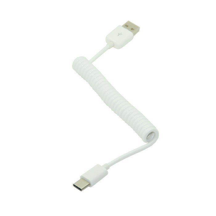 USB 2.0 Type-A Male to USB Type-C USB-C Male Stretch Spring Coiled Cord Data & Power Charge Cable for Phone Tablet White 1m