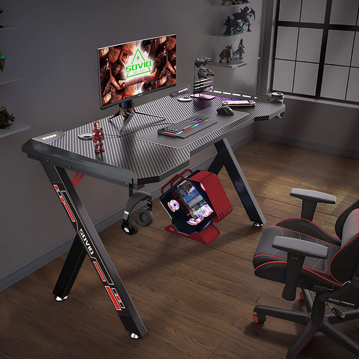 Gaming Desk with LED RGB Lights 47 Inch PC Computer Desk Home Office Desk Y Shaped Gamer Setup Accessories for Sons' Gift Game Table with Gamer Handle Rack, Cup Holder & Headphone Hook Black