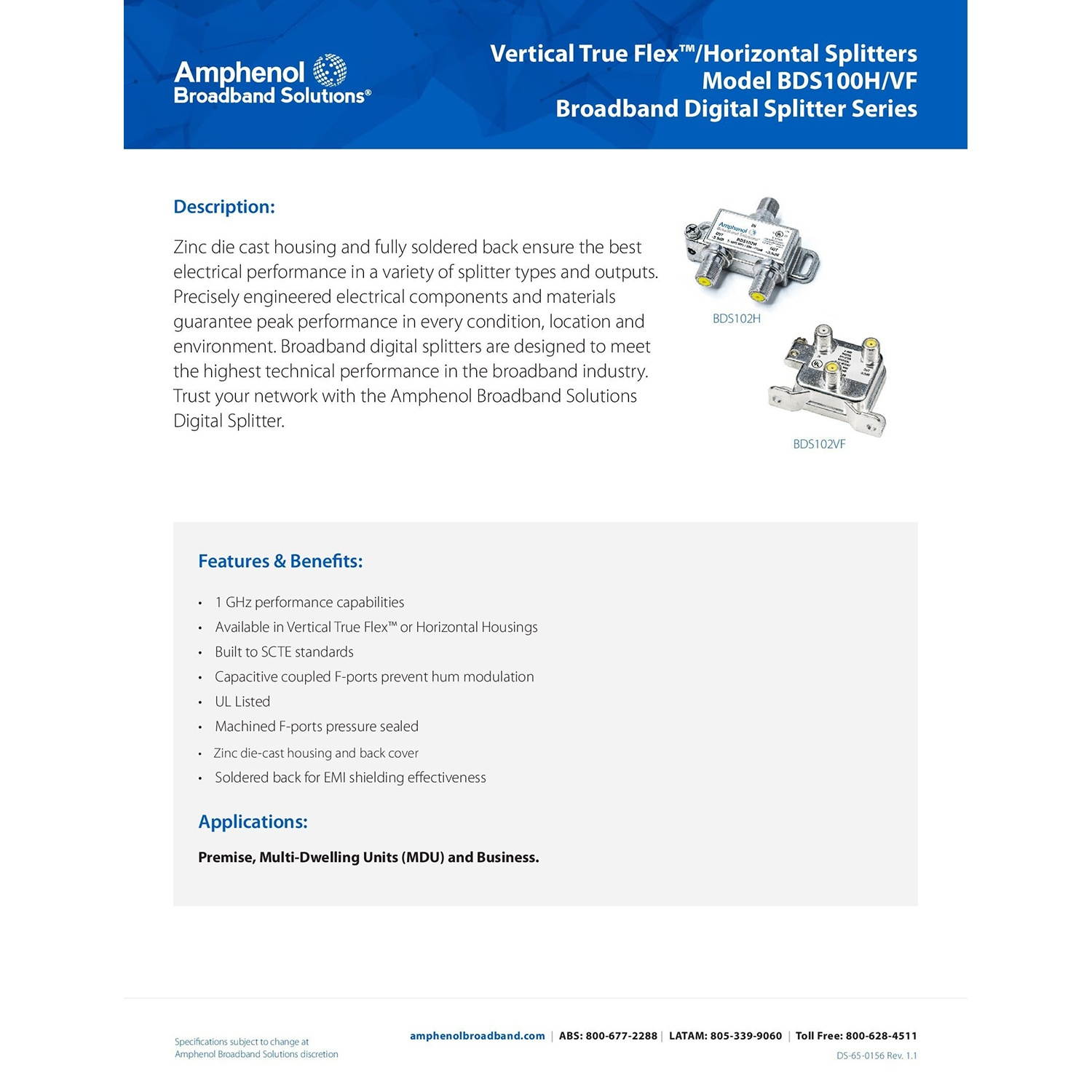 Extreme/Amphenol 3-Way Unbalanced HD Digital 1GHz Coax Cable Splitter - BDS103H