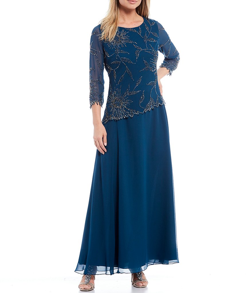 Jkara Asymmetrical Beaded Bodice 3/4 Sleeve Chiffon Gown