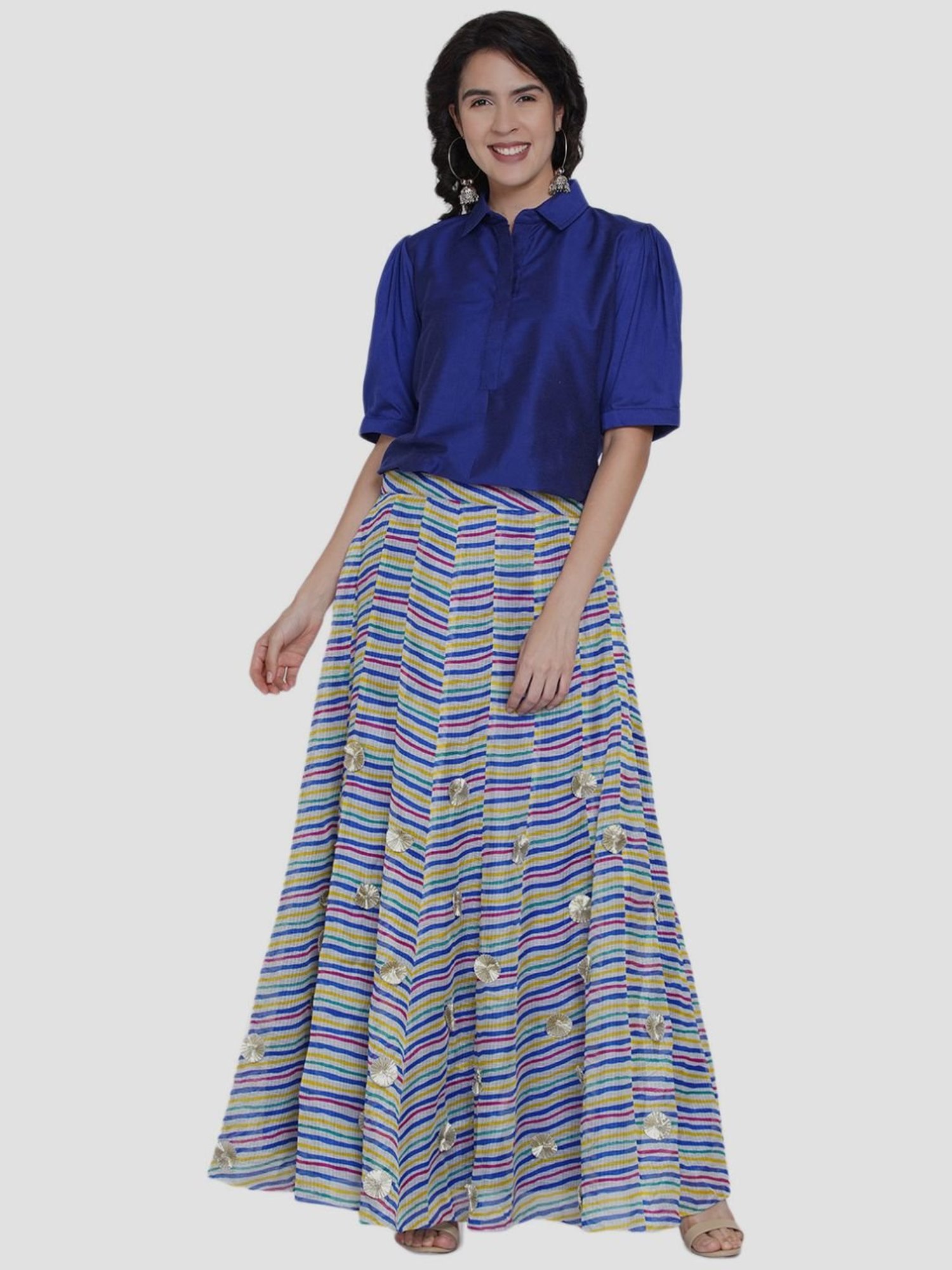 Women Republic Blue & White Top Skirt Set