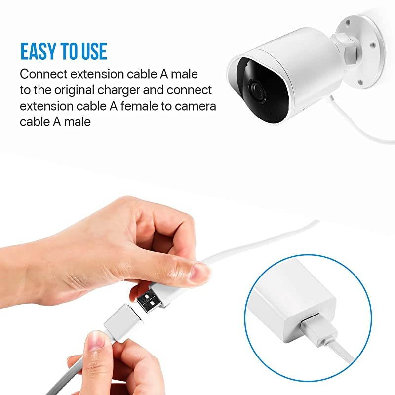 10 Feet Power Extension Cable Compatible with YI Outdoor Security Camera Blink Cam Wyze Cam Nest Cam Zmodo Cam Cloud Cam AMale to AFemale Extender Cord Flat Power Cable 2 Pack