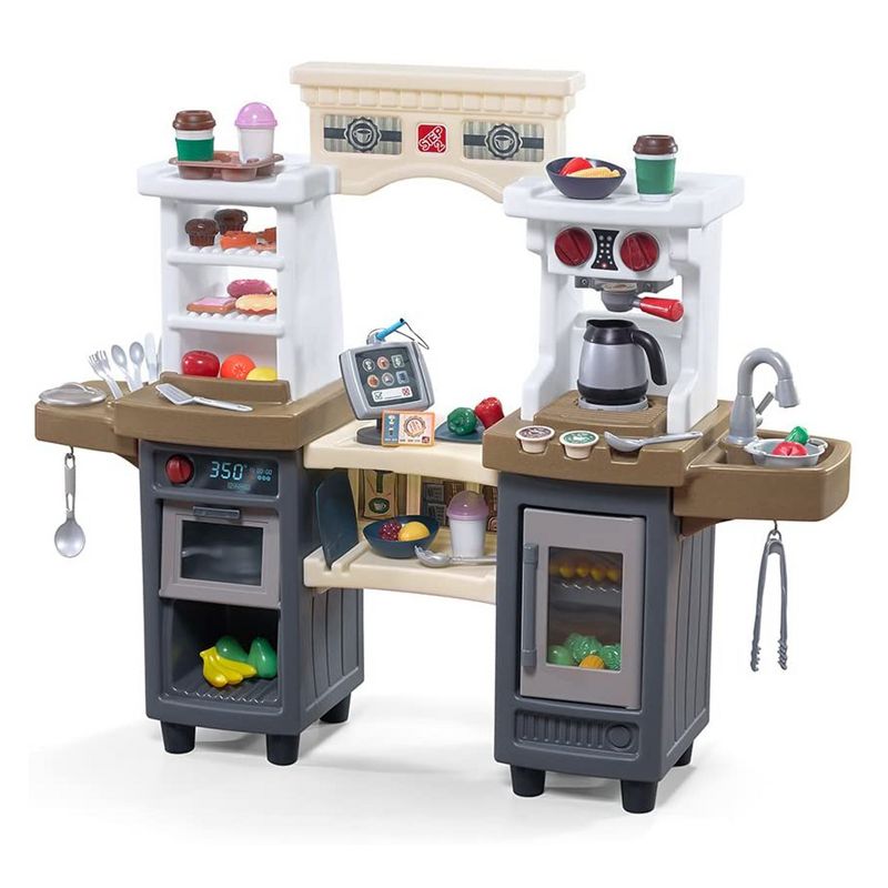 Step2 Coffee Bean Cafe Kids Play Pretend Mini Kitchen Shop Playset with 40 Piece Accessory Set, Microwave Oven, and Fridge for Toddler Food Cooking