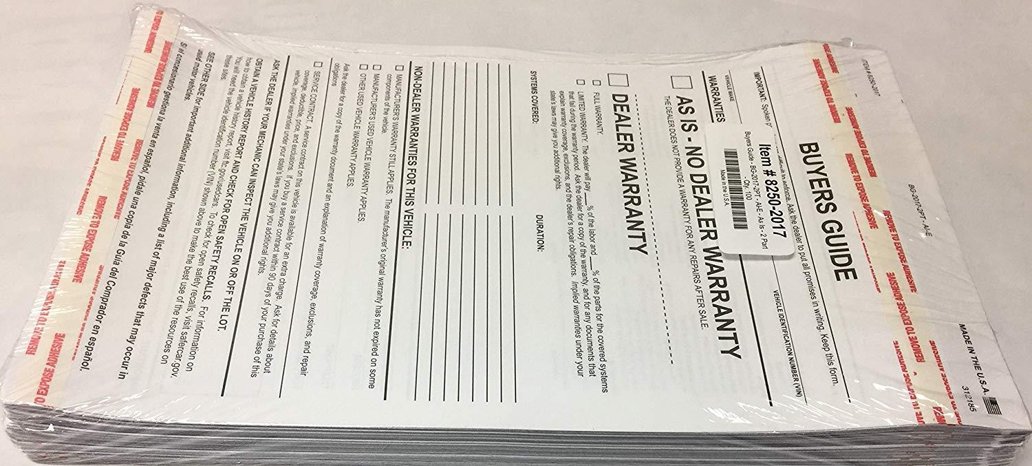 2-part Buyers Guide Form - Adhesive Tape - English - As Is - Warranty (100 Per Pack)