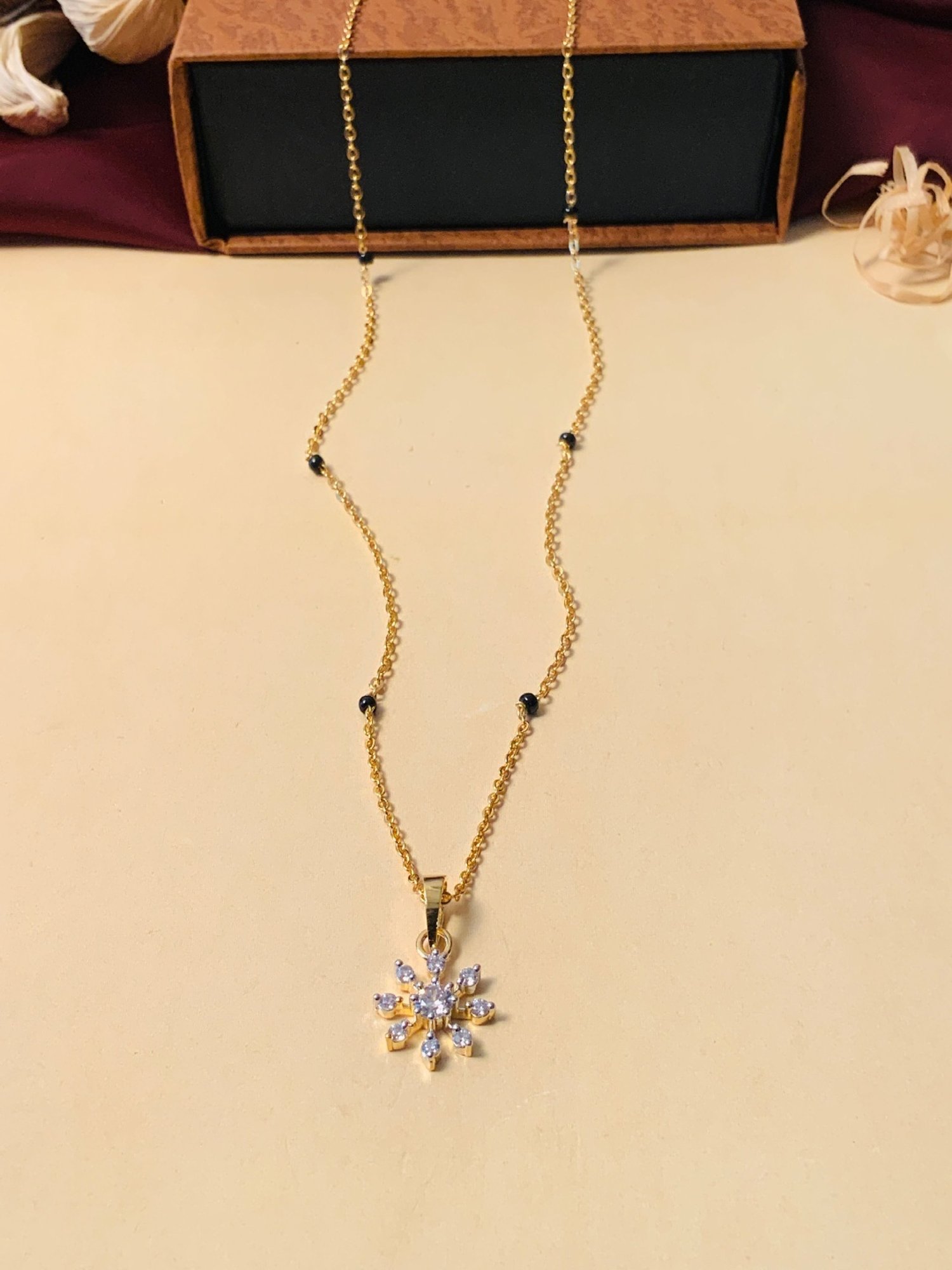 Abdesigns Gold-Plated American Diamond & Black Beaded Mangalsutra