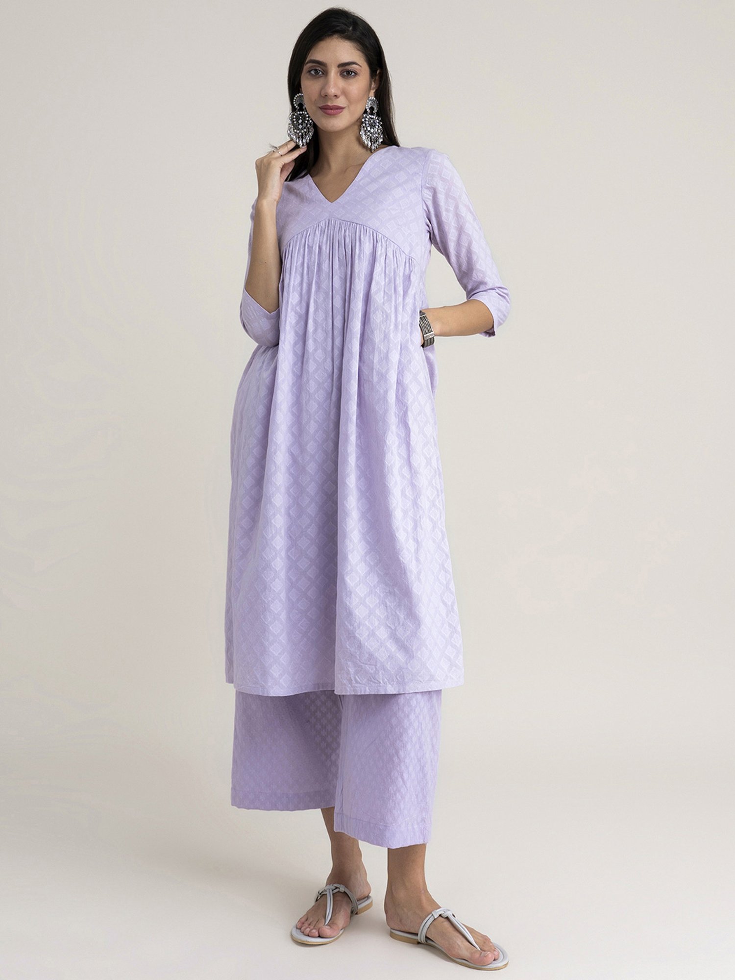 Pink Fort Lavender Cotton Embroidered Kurta Palazzo Set