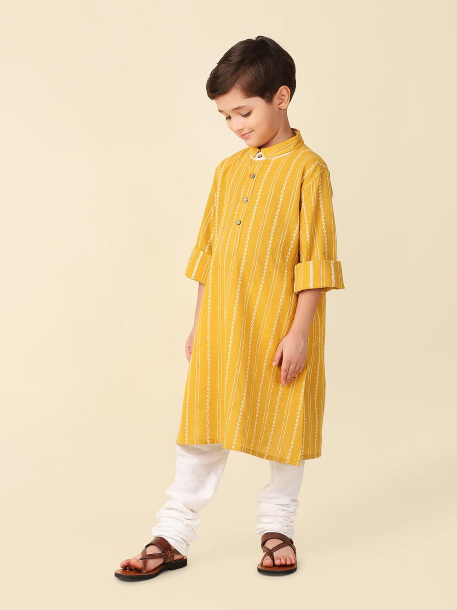 Fabindia Kids Yellow Self Design Full Sleeves Kurta