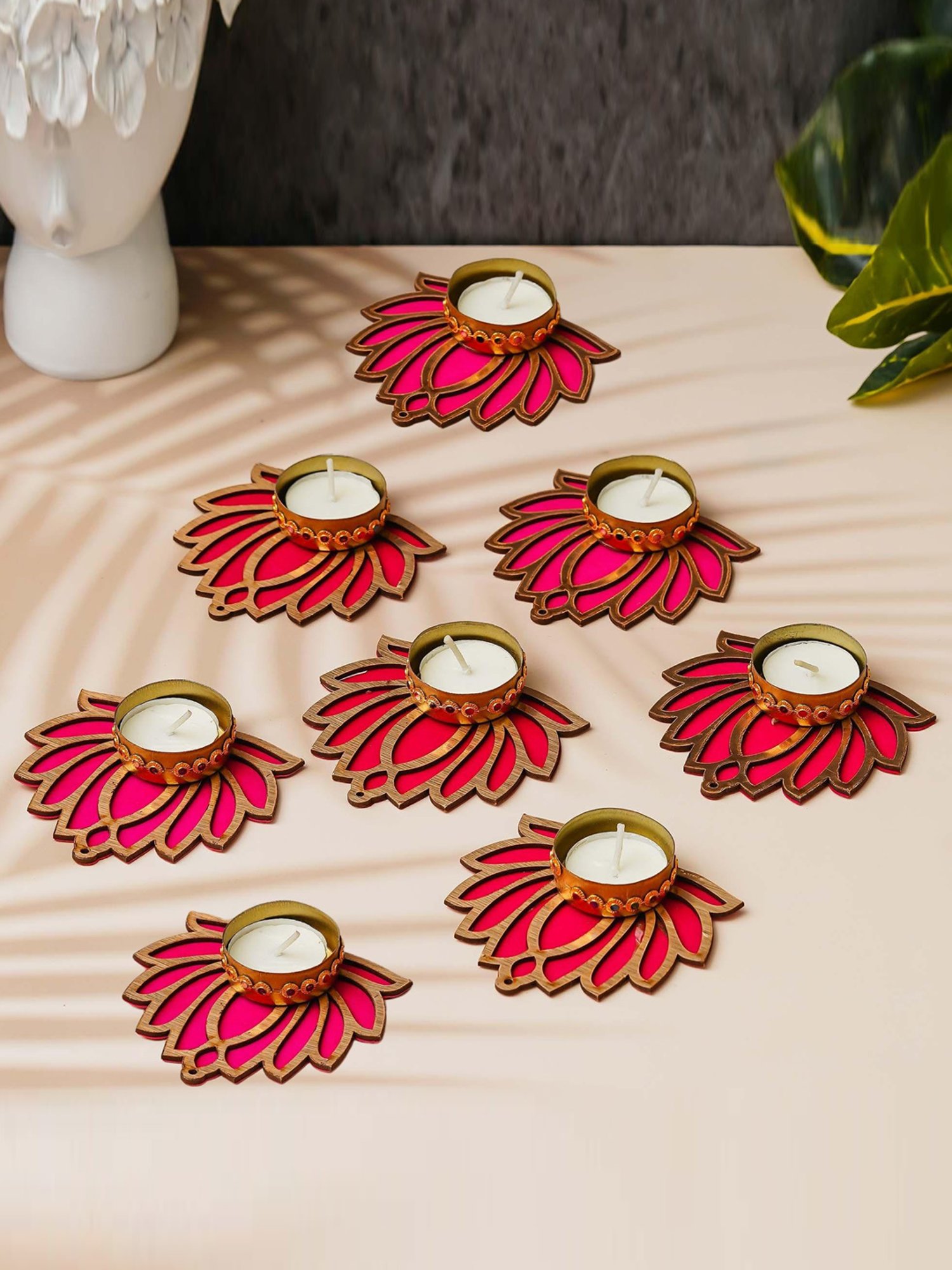 eCraftIndia Golden & Pink Lotus Flower Decorative Tea Light Candle Holders (Set of 8)