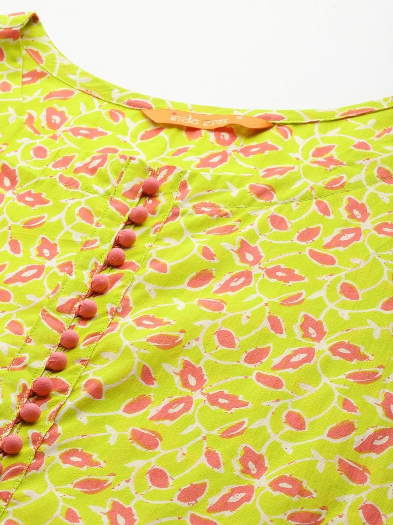 Indo Era Yellow & Pink Cotton Printed Kurta Pant Set