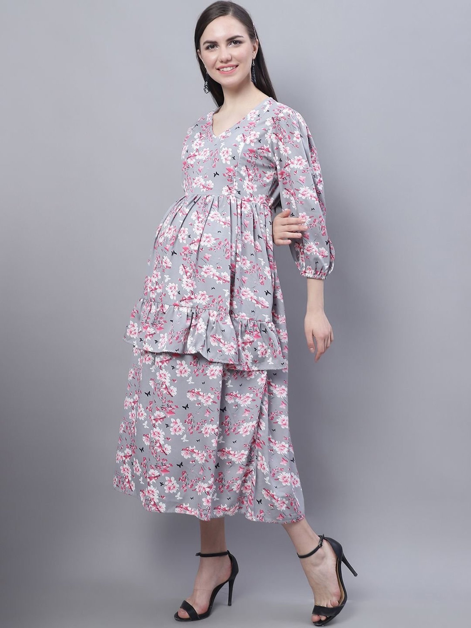 Moms Maternity Grey Printed Dress