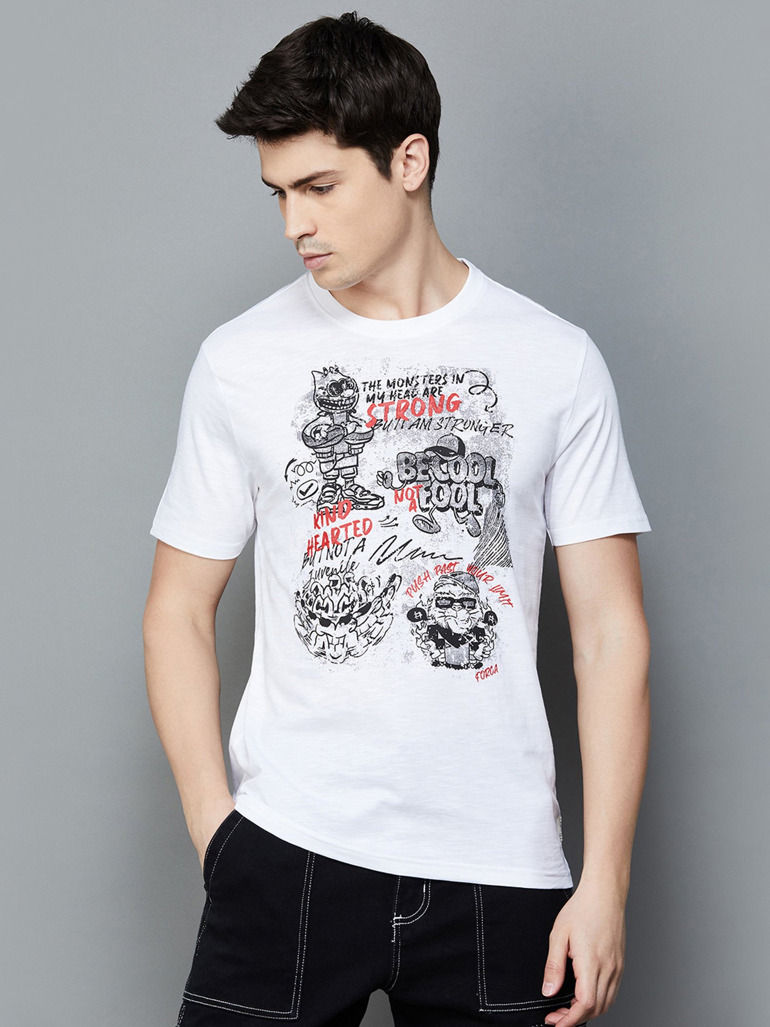Forca by Lifestyle White Regular Fit Graphic Print Crew T-Shirt