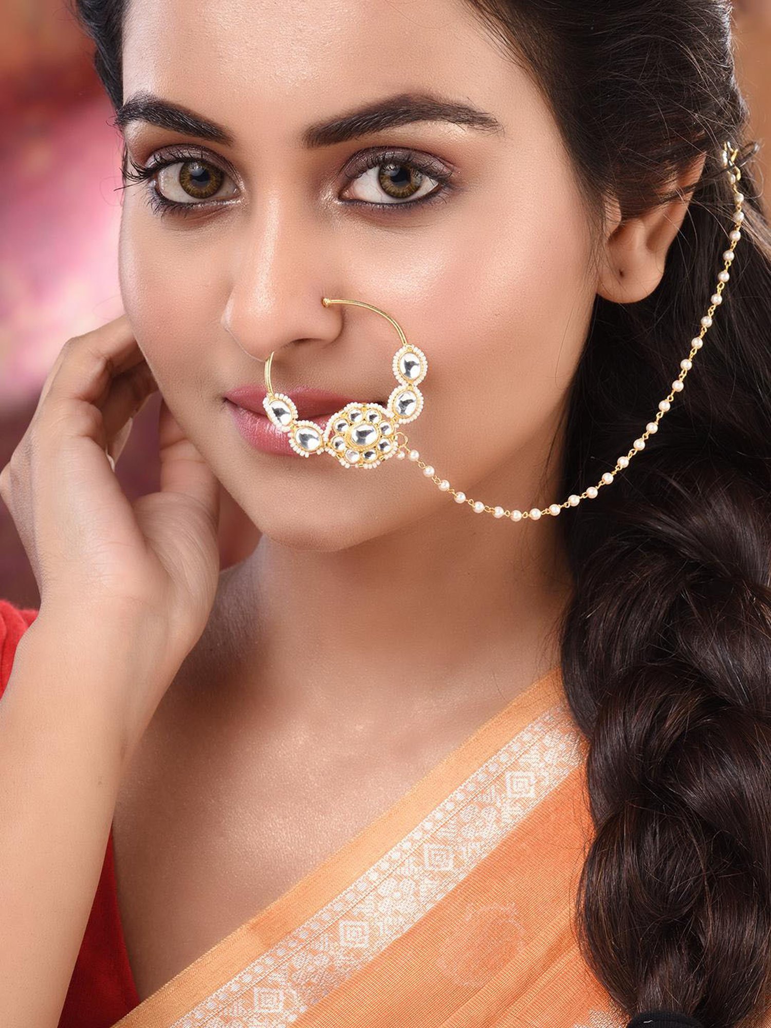 Saraf Rs Jewellery Gold Plated White Kundan Studded Floral Design Nath For Modern Brides