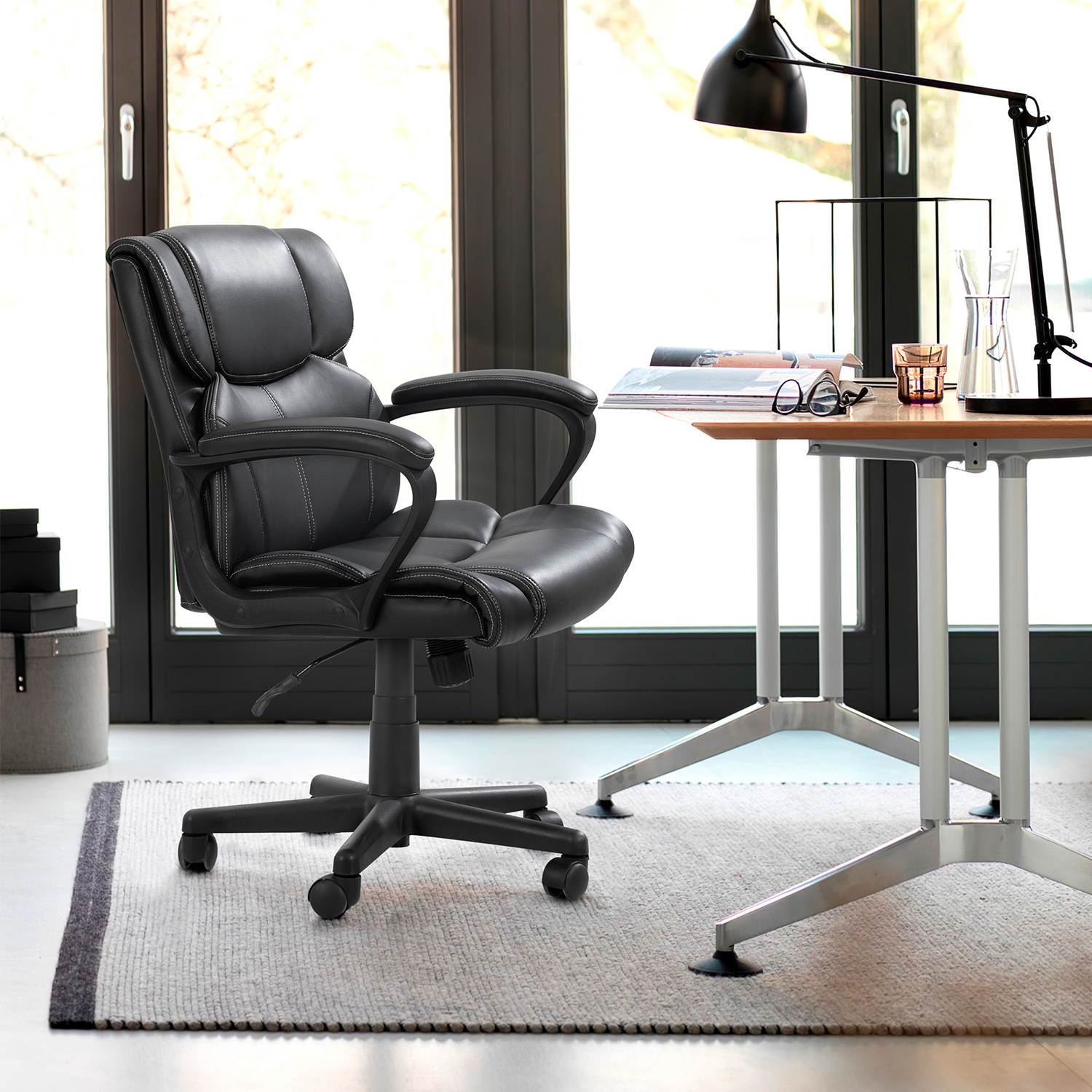 Furmax Mid Back Executive Office Chair Leather-Padded Desk Chair with Armrests, Ergonomic Swivel Task Chair with Lumbar Support (Black)