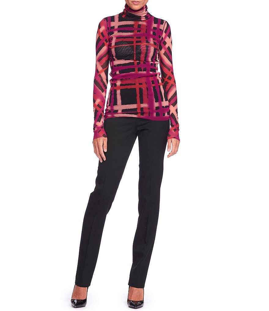 FUZZI Tulle Mesh Abstract Print Turtleneck Long Sleeve Top