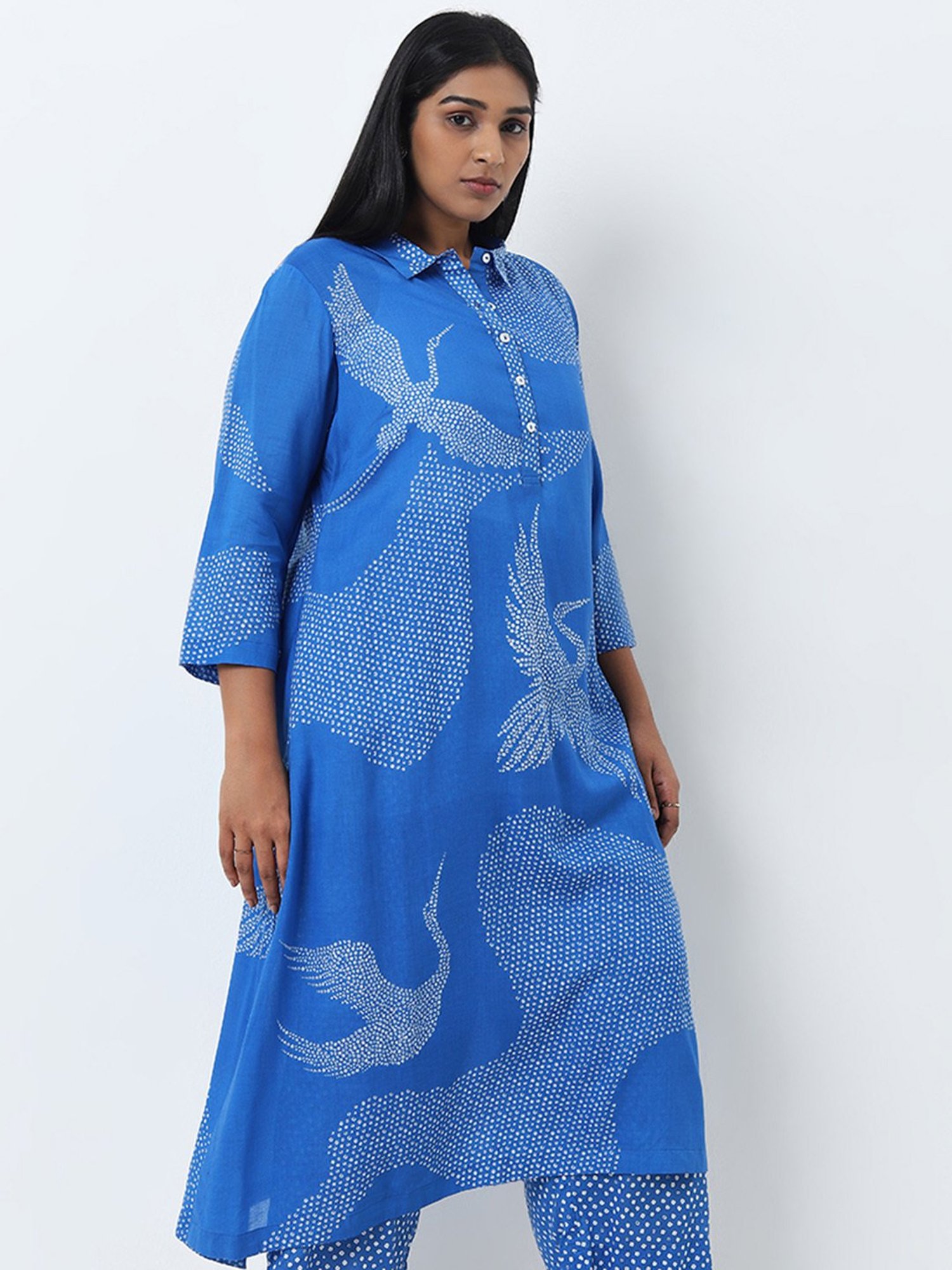 Diza by Westside Blue Bandhani Pattern A-Line Collared Cotton Kurta