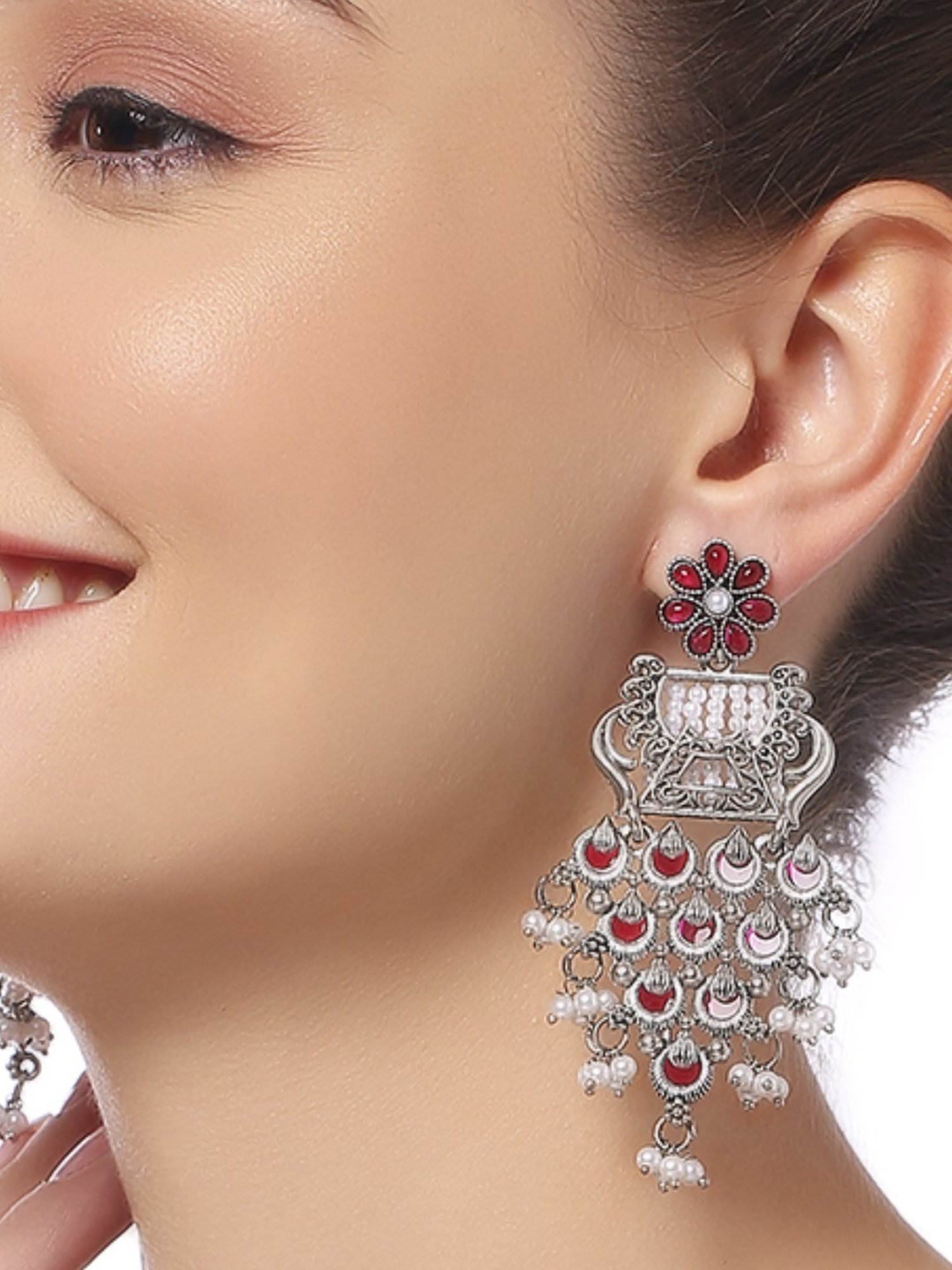 OOMPH Oxidised Silver Maroon Stones Waterfall Design Ethnic Dangler Earrings