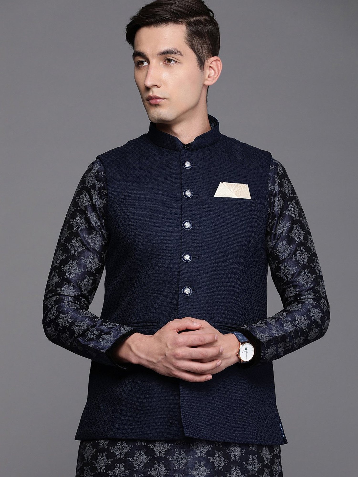 Manyavar Blue Regular Fit Self Design Nehru Jacket