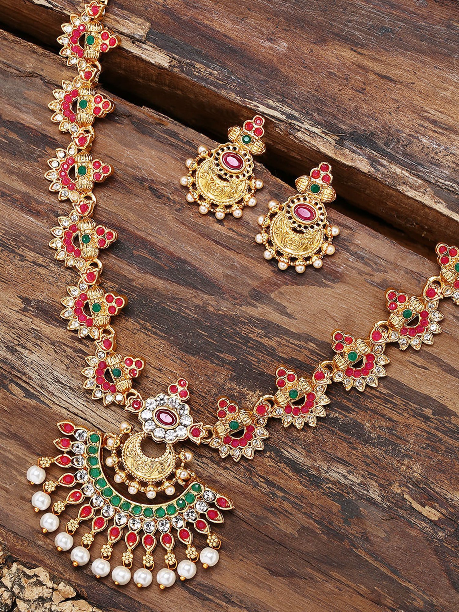 Zaveri Pearls Gold Tone Finely Detailed Enchanting Necklace & Earring Set-ZPFK9381