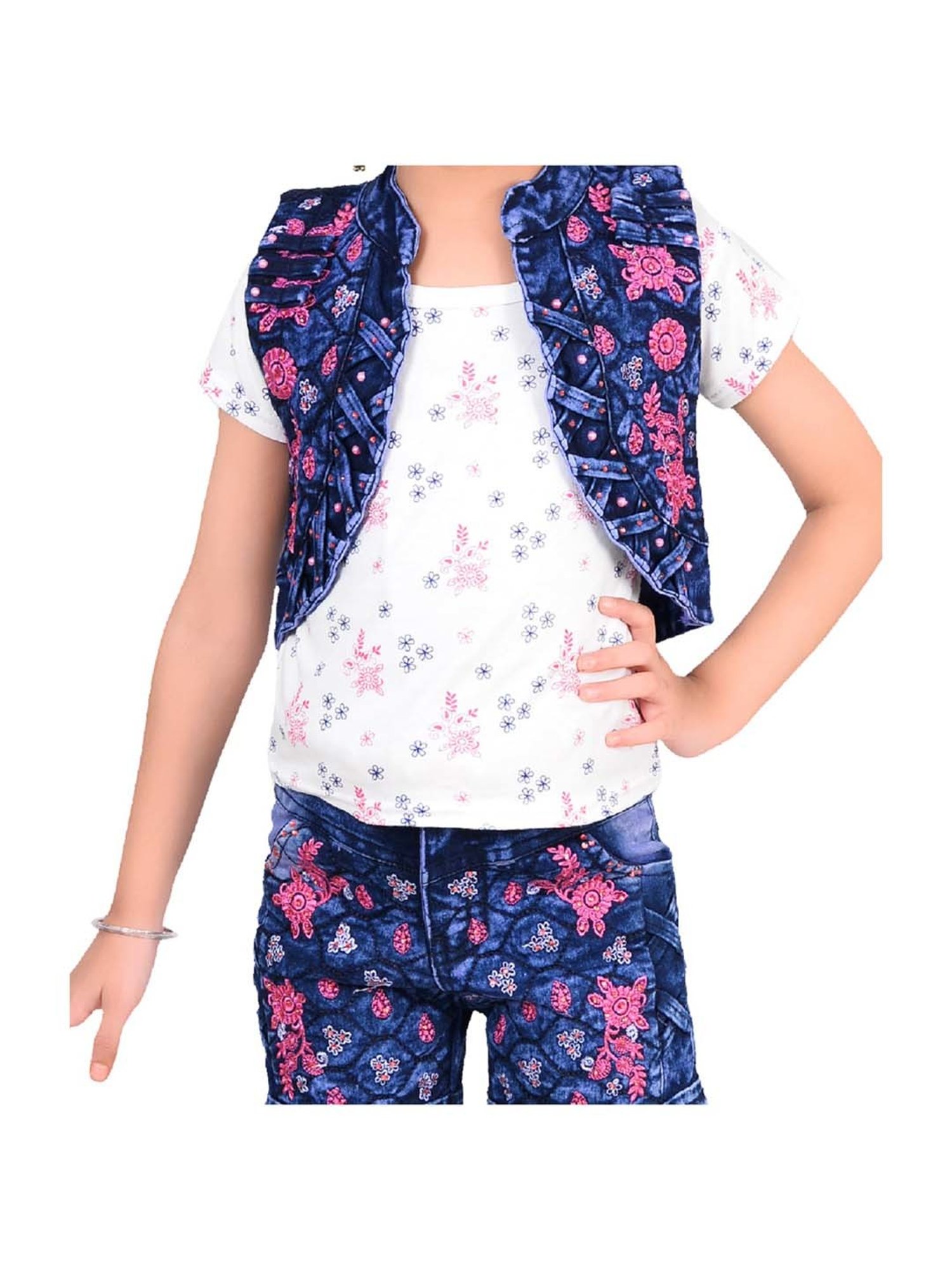 Ahhaaaa Kids White & Navy Cotton Printed Top Set